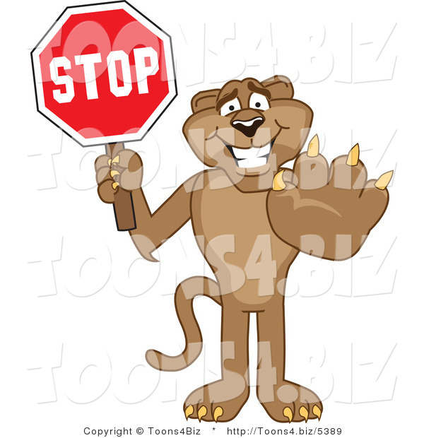 Vector Illustration of a Cartoon Cougar Mascot Character Holding a Stop Sign