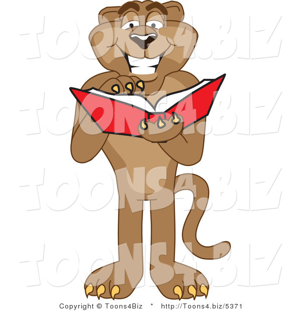 Vector Illustration of a Cartoon Cougar Mascot Character Reading