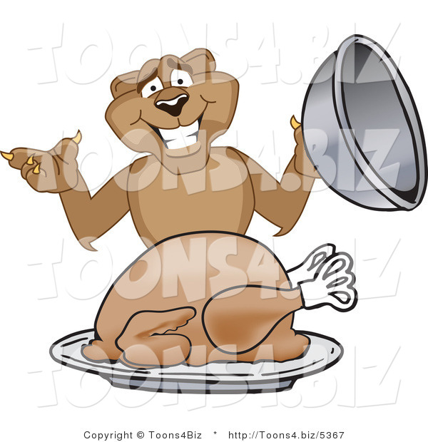 Vector Illustration of a Cartoon Cougar Mascot Character Serving a Thanksgiving Turkey
