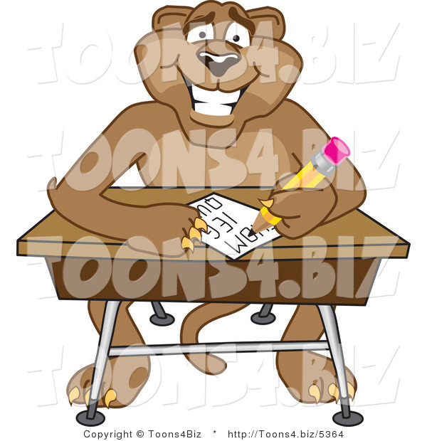 Vector Illustration of a Cartoon Cougar Mascot Character Taking a Quiz
