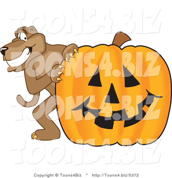 Vector Illustration of a Cartoon Cougar Mascot Character with a Pumpkin