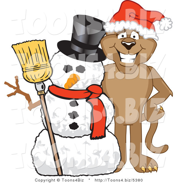 Vector Illustration of a Cartoon Cougar Mascot Character with a Snowman
