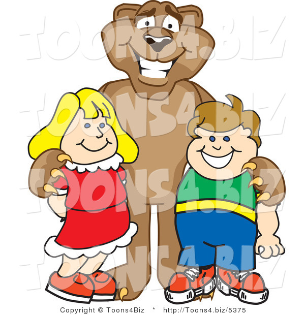 Vector Illustration of a Cartoon Cougar Mascot Character with Children