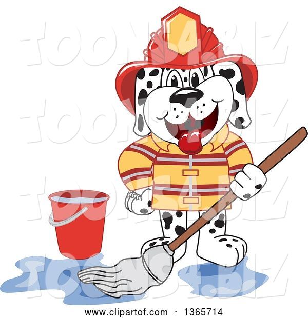 Vector Illustration of a Cartoon Dalmatian Firefighter Dog Mascot Mopping Dirty Floor with Clean Water