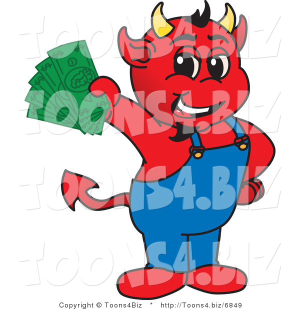 Vector Illustration of a Cartoon Devil Mascot Holding Cash