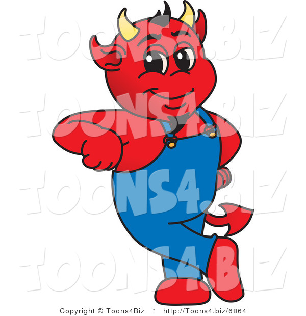 Vector Illustration of a Cartoon Devil Mascot Leaning