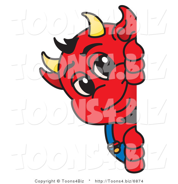 Vector Illustration of a Cartoon Devil Mascot Looking Around a Blank Sign