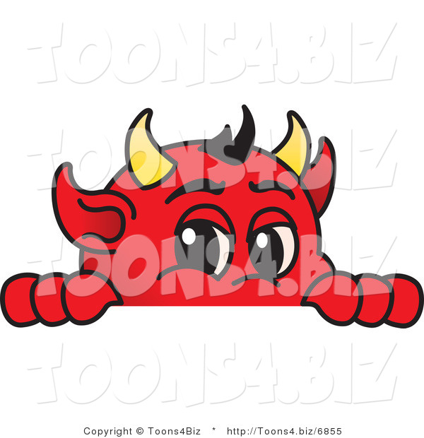 Vector Illustration of a Cartoon Devil Mascot Looking over a Blank Sign