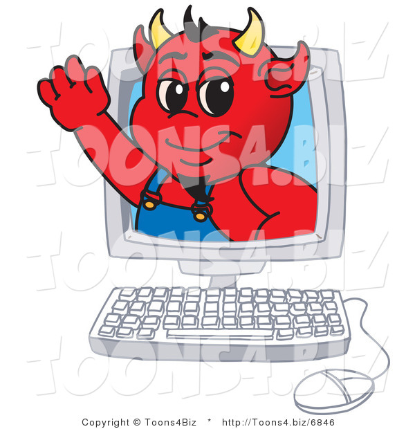 Vector Illustration of a Cartoon Devil Mascot on a Computer Screen