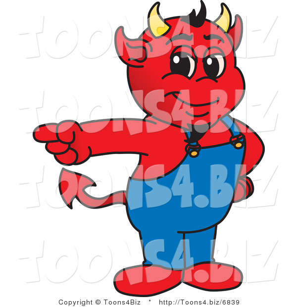 Vector Illustration of a Cartoon Devil Mascot Pointing Left