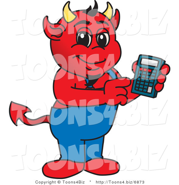 Vector Illustration of a Cartoon Devil Mascot Using a Calculator