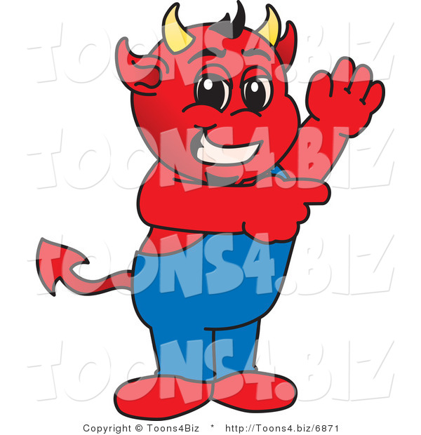 Vector Illustration of a Cartoon Devil Mascot Waving and Pointing