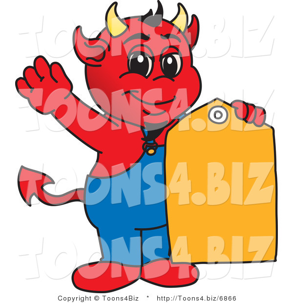 Vector Illustration of a Cartoon Devil Mascot with a Sales Tag