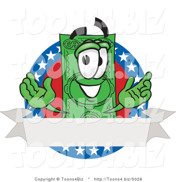Vector Illustration of a Cartoon Dollar Bill Mascot on an American Label with a Blank White Banner