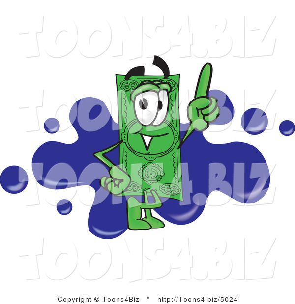 Vector Illustration of a Cartoon Dollar Bill Mascot Pointing Upwards and Standing in Front of a Blue Paint Splatter on a Business Logo