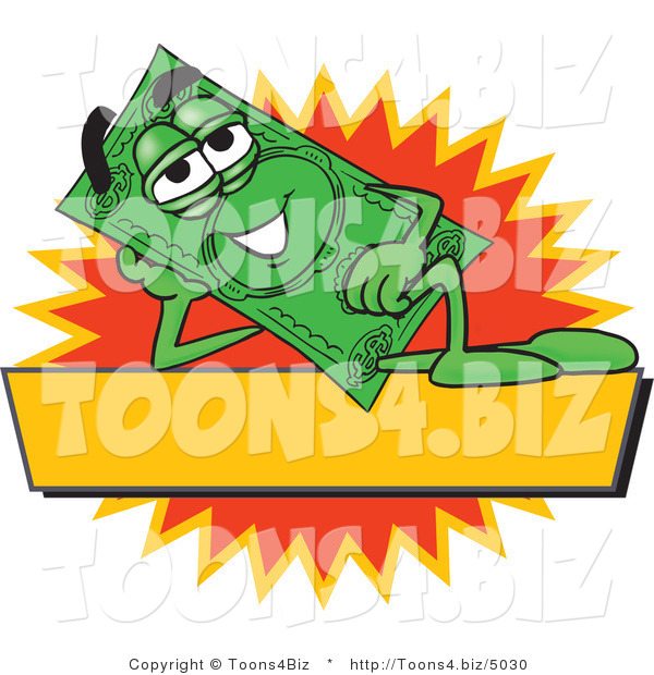 Vector Illustration of a Cartoon Dollar Bill Mascot Reclining over a Blank Yellow Label