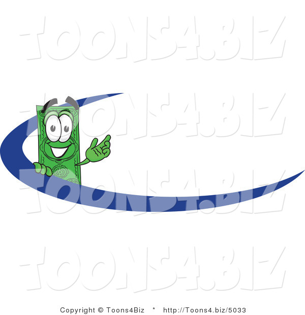Vector Illustration of a Cartoon Dollar Bill Mascot Waving and Standing Behind a Blue Dash on an Employee Nametag or Business Logo