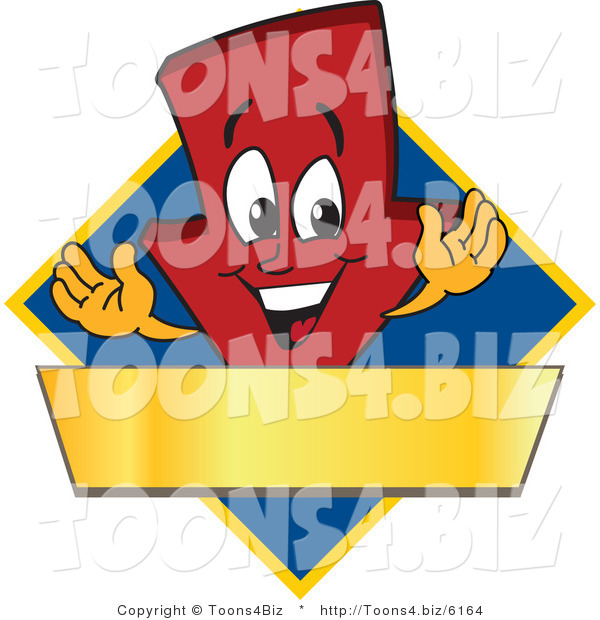 Vector Illustration of a Cartoon down Arrow Logo Mascot on a Blue Diamond with a Gold Banner