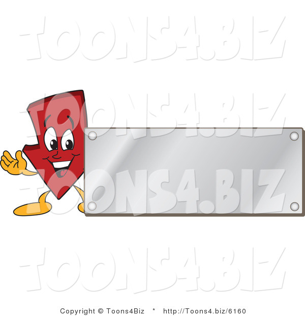 Vector Illustration of a Cartoon down Arrow Logo Mascot with a Silver Plaque Sign