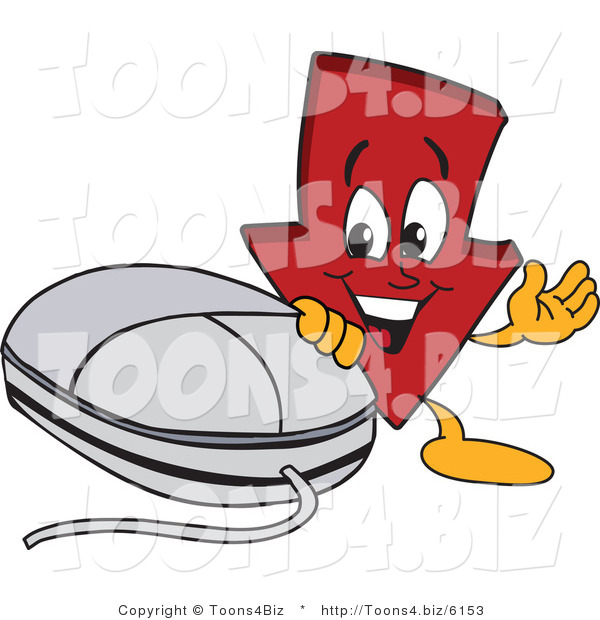Vector Illustration of a Cartoon down Arrow Mascot by a Computer Mouse