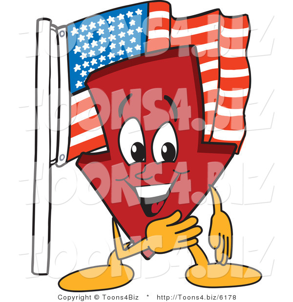 Vector Illustration of a Cartoon down Arrow Mascot by an American Flag