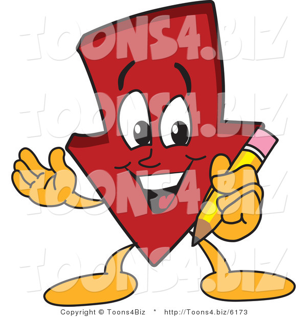 Vector Illustration of a Cartoon down Arrow Mascot Holding a Pencil