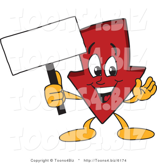 Vector Illustration of a Cartoon down Arrow Mascot Holding a Small Blank Sign