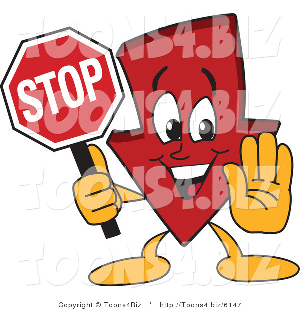 Vector Illustration of a Cartoon down Arrow Mascot Holding a Stop Sign