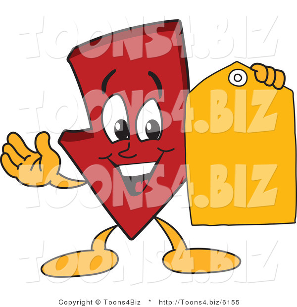 Vector Illustration of a Cartoon down Arrow Mascot Holding a Yellow Tag