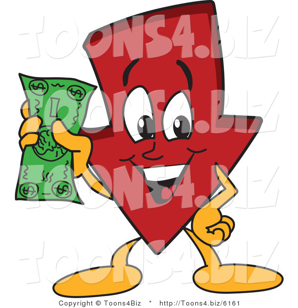 Vector Illustration of a Cartoon down Arrow Mascot Holding Cash