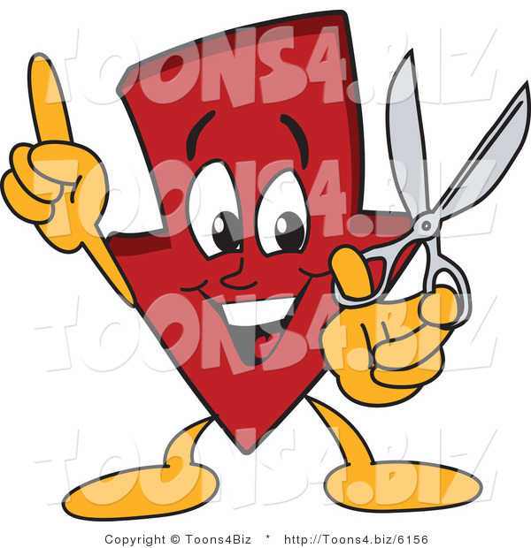 Vector Illustration of a Cartoon down Arrow Mascot Holding Scissors