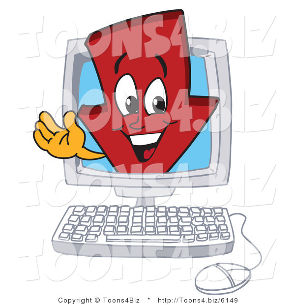 Vector Illustration of a Cartoon down Arrow Mascot in a Computer