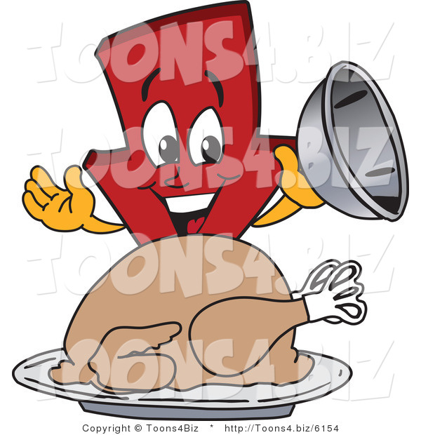 Vector Illustration of a Cartoon down Arrow Mascot Serving a Thanksgiving Turkey
