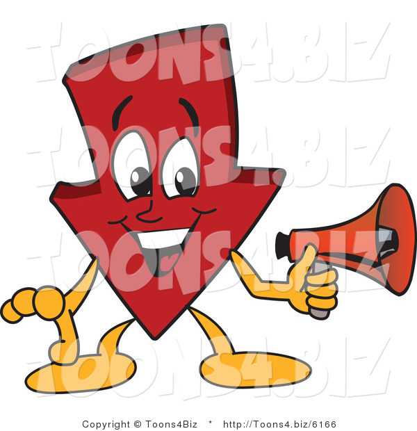 Vector Illustration of a Cartoon down Arrow Mascot Using a Megaphone