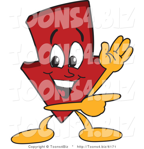 Vector Illustration of a Cartoon down Arrow Mascot Waving and Pointing
