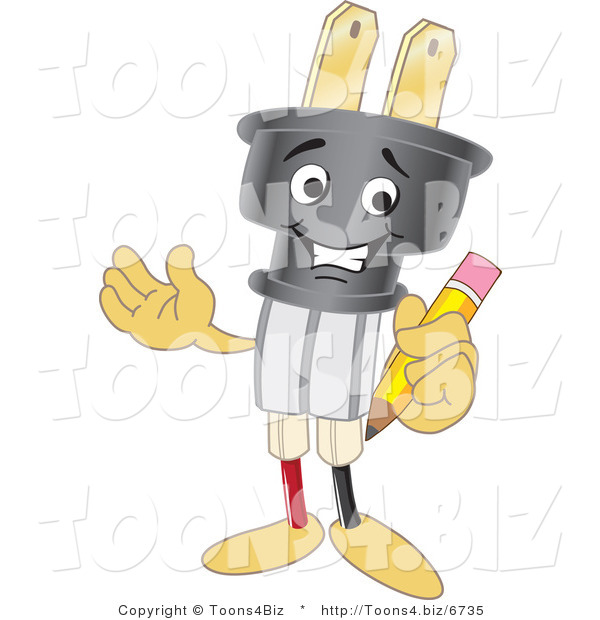 Vector Illustration of a Cartoon Electric Plug Mascot Holding a Pencil