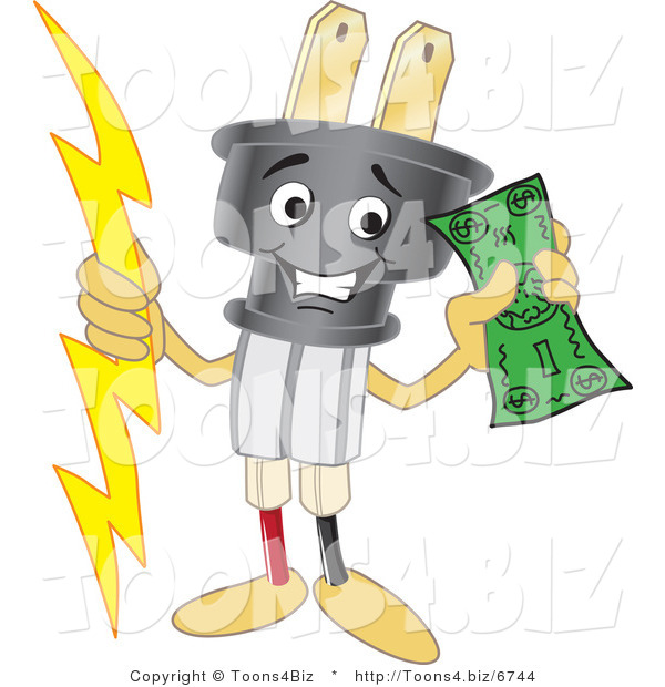 Vector Illustration of a Cartoon Electric Plug Mascot Holding Cash
