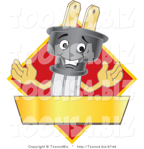 Vector Illustration of a Cartoon Electric Plug Mascot Logo with a Red Diamond and Gold Banner