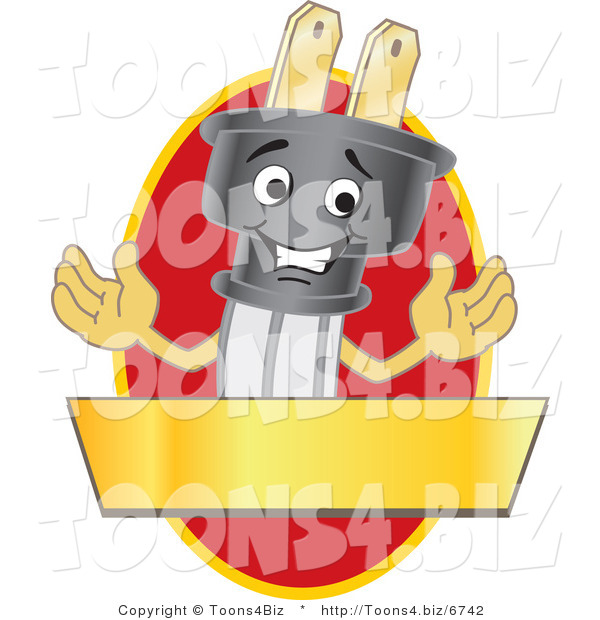 Vector Illustration of a Cartoon Electric Plug Mascot Logo with a Red Oval and Gold Banner