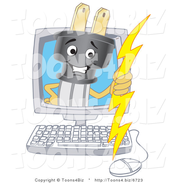 Vector Illustration of a Cartoon Electric Plug Mascot on a Computer Screen