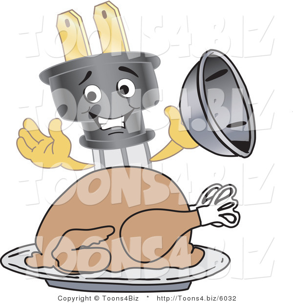 Vector Illustration of a Cartoon Electric Plug Mascot Serving a Thanksgiving Turkey