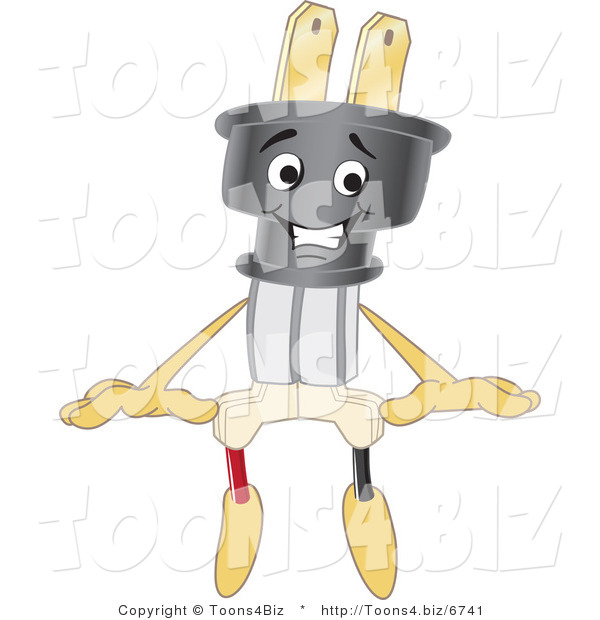 Vector Illustration of a Cartoon Electric Plug Mascot Sitting on a Blank Sign