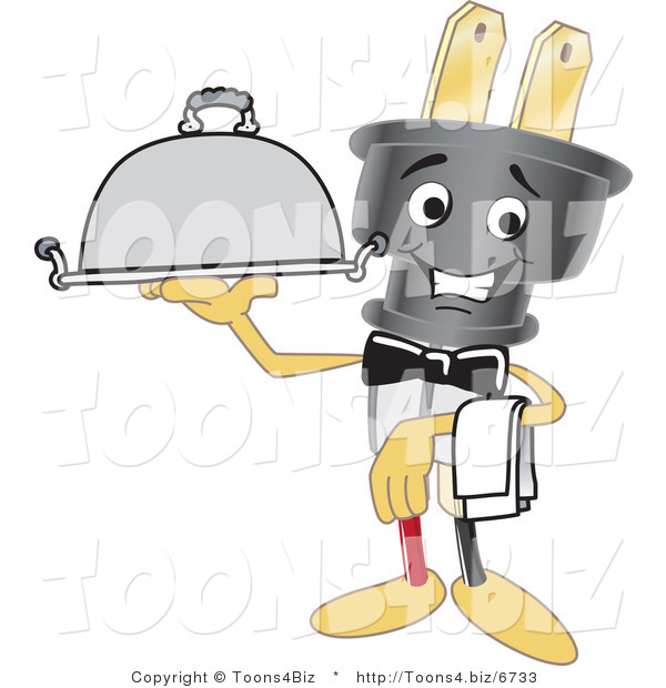 Vector Illustration of a Cartoon Electric Plug Mascot Waiter