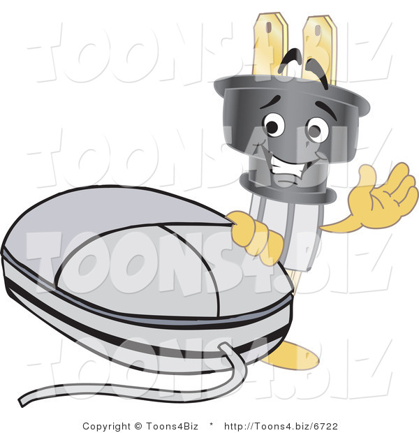 Vector Illustration of a Cartoon Electric Plug Mascot with a Computer Mouse