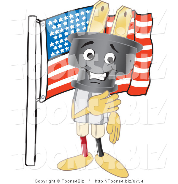Vector Illustration of a Cartoon Electric Plug Mascot with an American Flag