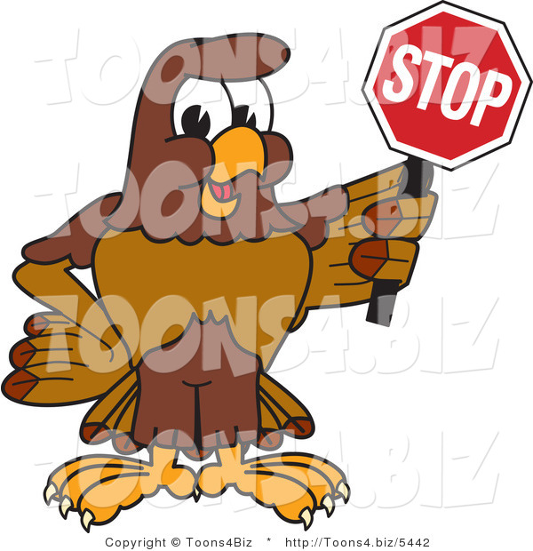 Vector Illustration of a Cartoon Falcon Mascot Character Holding a Stop Sign