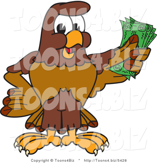 Vector Illustration of a Cartoon Falcon Mascot Character Holding Cash