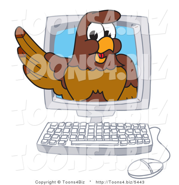 Vector Illustration of a Cartoon Falcon Mascot Character in a Computer