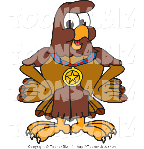 Vector Illustration of a Cartoon Falcon Mascot Character Wearing a Medal
