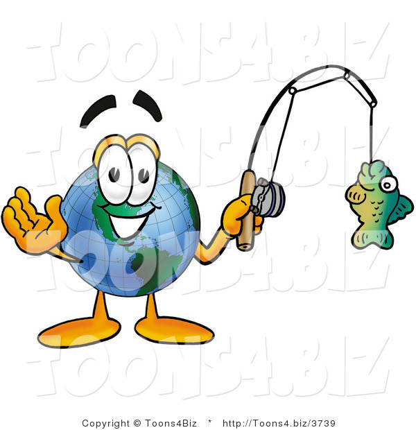 Vector Illustration of a Cartoon Globe Mascot Holding a Fish on a Fishing Pole